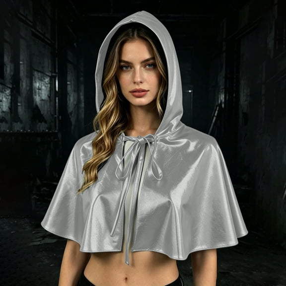 Puyaiuu Shiny Metallic Hooded Short Cape Tie Front Halloween Cosplay Costume Cloak For Party White Free Size Gift