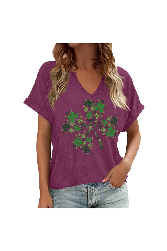 St Patricks Day V Neck Shirts for Women Fortunate Irish Shamrock Clover Graphic Shirt Casual Short Sleeve T Shirt Tops Gift