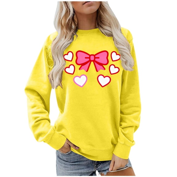 Puyaiuu Sweatshirts Womens Valentines Day Funny Bow Heart Prints Pullover Cute Long Sleeve Crewneck Blouses Casual Outing Shirts Gift