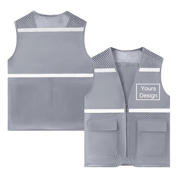 Puyaiuu Unisex Safety Vest Mesh Breathable Reflective Strips Custom Logo Print Work Volunteer Vest With Pockets Gray XXXL Gift