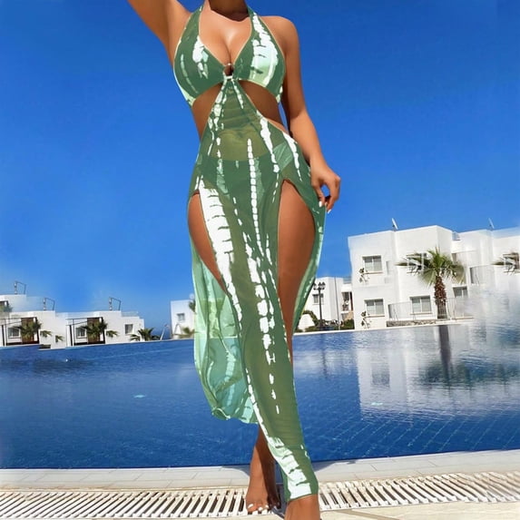 Puyaiuu Women 3 Piece Halter Tie Dye High Cut Bikini Set With Cover Up Maxi Beach Dress Swimwear Green 82%POLYAMID,18%ELASTHAN Gift