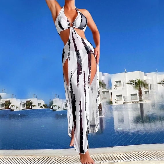 Puyaiuu Women 3 Piece Halter Tie Dye High Cut Bikini Set With Cover Up Maxi Beach Dress Swimwear White 82%POLYAMID,18%ELASTHAN Gift