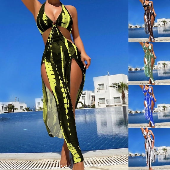 Puyaiuu Women 3 Piece Halter Tie Dye High Cut Bikini Set With Cover Up Maxi Beach Dress Swimwear Yellow 82%POLYAMID,18%ELASTHAN Gift