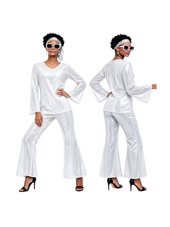 Women 70s Disco Glitter Sequin Flare Long Sleeve V Neck Top Flare Pants & Headband 3 Piece Outfit Set White L Gift