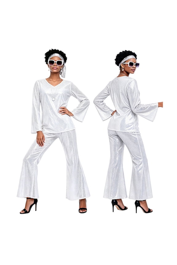 Women 70s Disco Glitter Sequin Flare Long Sleeve V Neck Top Flare Pants & Headband 3 Piece Outfit Set White L Gift
