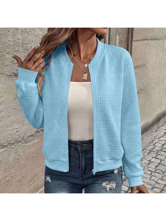 Women Bomber Jacket Lightweight Womens Regular Fit Zip Up Jacket Long Sleeve Polyester Spandex Waffle Knit Solid Outerwear Blue M Gift