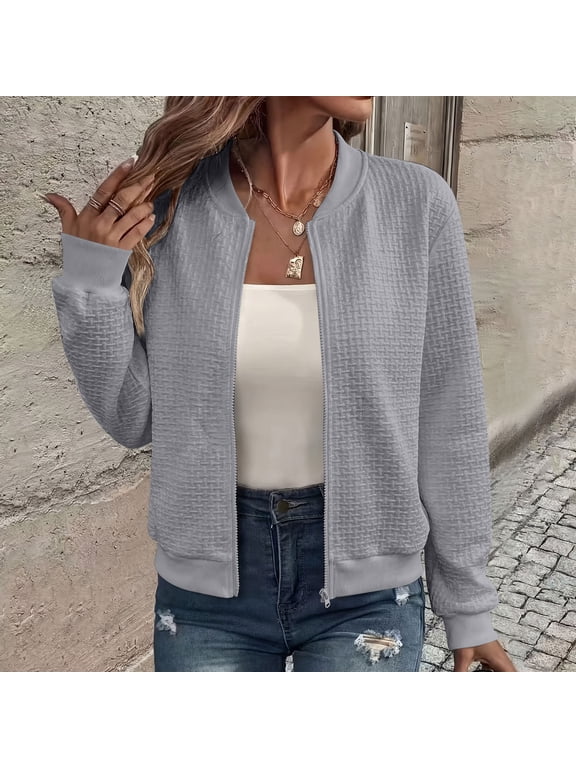 Women Bomber Jacket Lightweight Womens Regular Fit Zip Up Jacket Long Sleeve Polyester Spandex Waffle Knit Solid Outerwear Gray S Gift