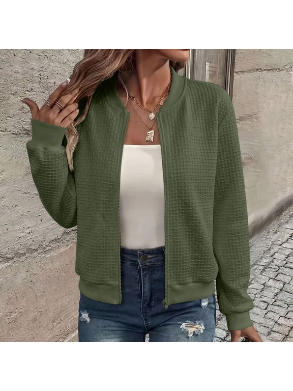 Women Bomber Jacket Lightweight Womens Regular Fit Zip Up Jacket Long Sleeve Polyester Spandex Waffle Knit Solid Outerwear Green S Gift