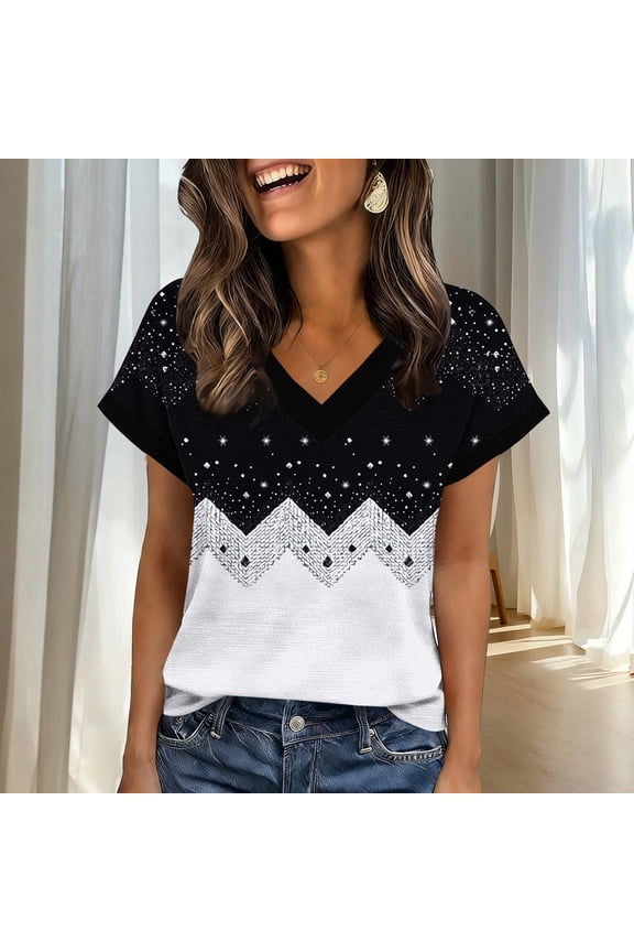 Women Casual Print Tees, V-Neck Short Sleeve Blouses with Comfortable Material, Soft Stretchy Tops for Summer Spring, Daily Work Party Vacation Outfits Gift