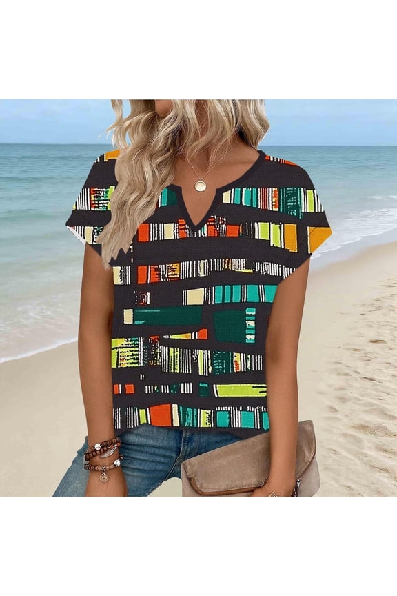 Women Casual Solid Tees, V-Neck Short Sleeve Blouses with All Over Print Design, Comfortable Stretchy Shirts for Summer Spring, Daily Work Party Vacation Outfits Gift
