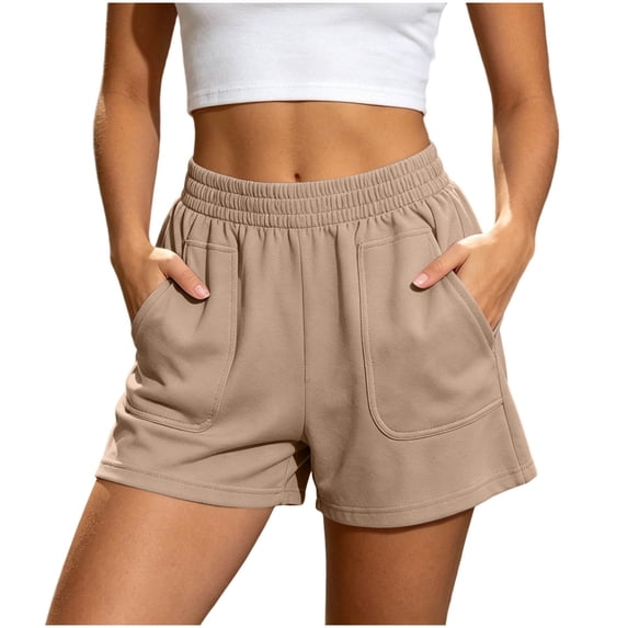 Puyaiuu Women Casual Sweat Shorts Solid Elastic Waist Pocket Loose Fit Soft Stretchy Summer Workout Lounge Shorts Coffee XL Gift