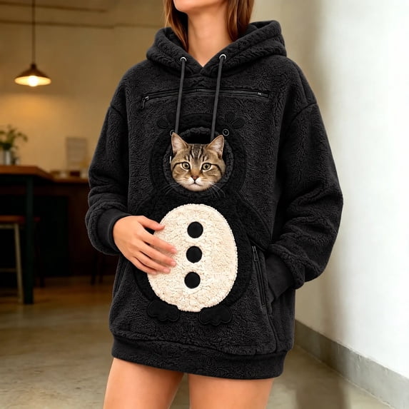 Puyaiuu Women Christmas Snowman Pattern Fuzzy Sherpa Hooded Sweatshirt With Pet Holding Hole Long Sleeve Warm Plush Pullover Top For Winter Holiday Party Gift
