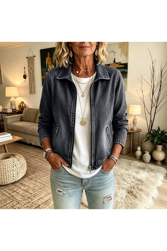 Women Collared Zip Up Denim Jacket Long Sleeve Zipper Side Pockets Cropped Casual Outerwear Coat Black XXL Birthday Gift