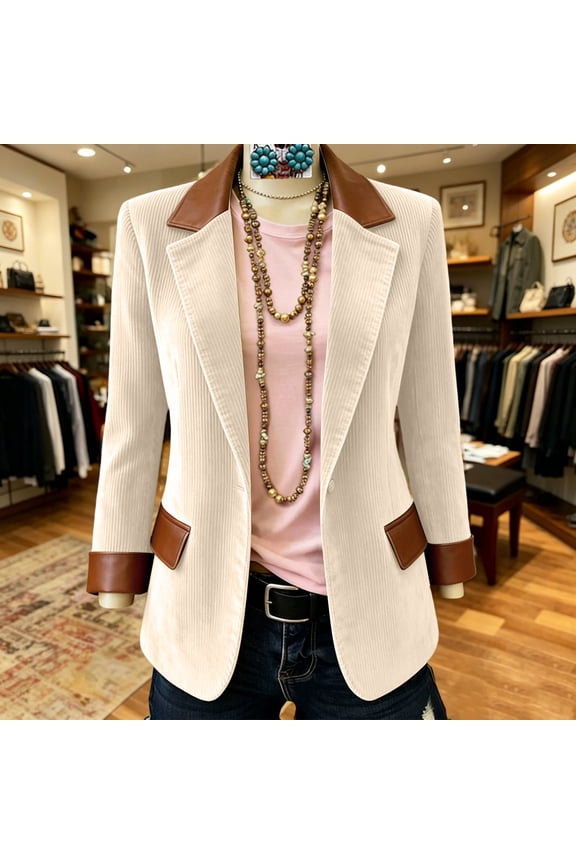 Women Corduroy Blazer Jacket Womens Lapel Long Sleeve Leather Patch Pocket Casual Suit Coat Polyester Spandex For Fall Winter Daily Wear Beige S Gift