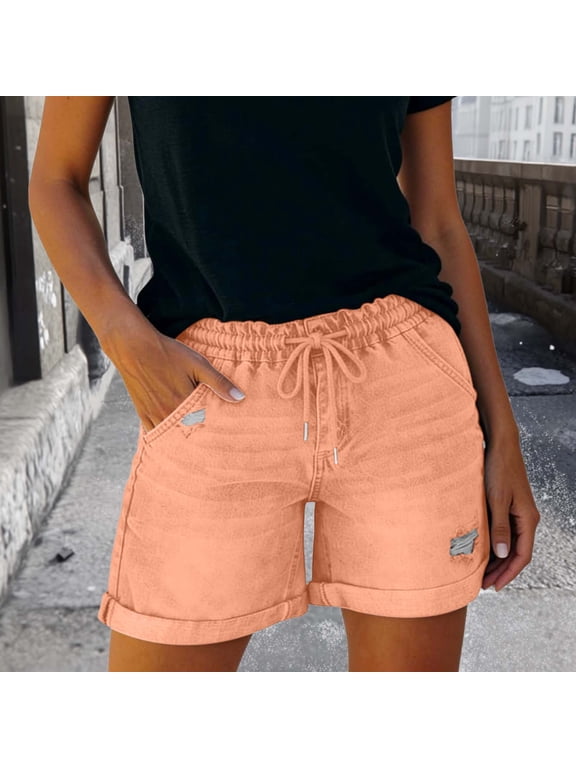 Women Denim Shorts Elastic Drawstring Waist Distressed Ripped Design Roll Cuff Hem Dual Side Pockets Slim Casual Summer Jean Short Pants Gift