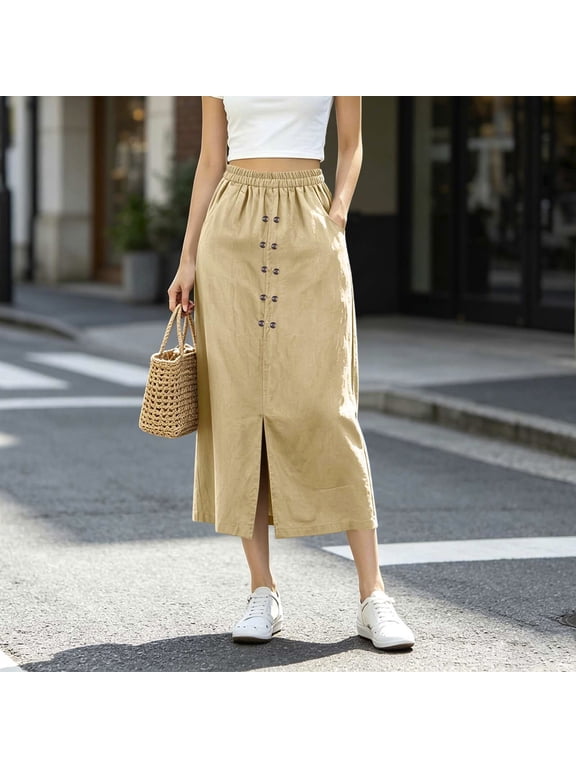 Women Elastic High Waist Decor Button Side Pocket Linen Blend Split Midi Skirt Khaki S Gift
