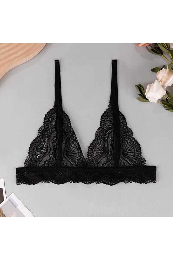 Women Floral Lace Triangle Cup Wireless Bra Thin Breathable Scalloped Edge Comfort Everyday Lingerie Bralette Black XS Gift