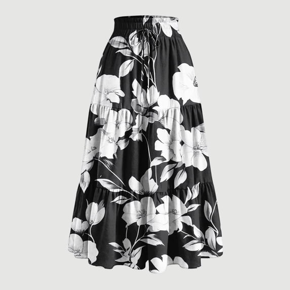 Puyaiuu Women Floral Print Tiered Midi Skirt Elastic Drawstring High Waist Ruffle Layered Flowy Long Skirt With Side Pockets Summer Casual Swing Bottom Gift