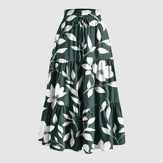 Puyaiuu Women Floral Print Tiered Midi Skirt Elastic Drawstring High Waist Ruffle Layered Flowy Long Skirt With Side Pockets Summer Casual Swing Bottom Gift