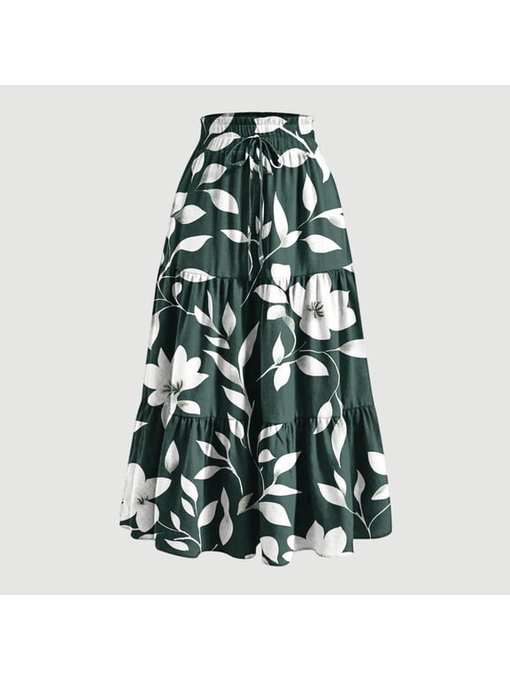 Women Floral Print Tiered Midi Skirt Elastic Drawstring High Waist Ruffle Layered Flowy Long Skirt With Side Pockets Summer Casual Swing Bottom Gift