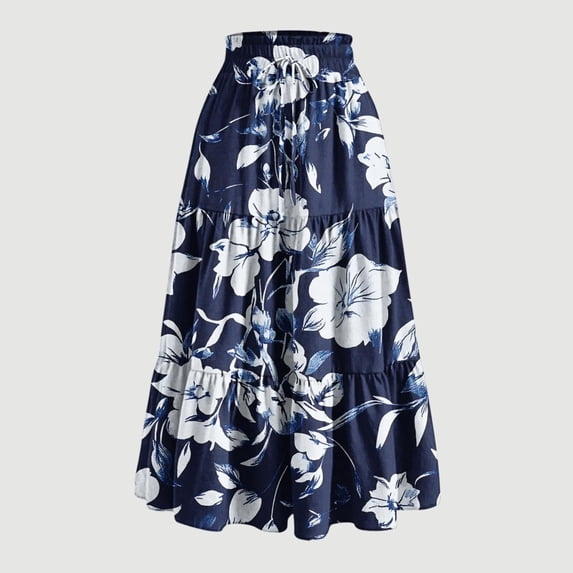 Puyaiuu Women Floral Print Tiered Midi Skirt Elastic Drawstring High Waist Ruffle Layered Flowy Long Skirt With Side Pockets Summer Casual Swing Bottom Gift