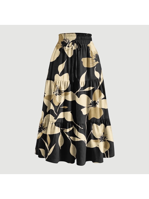 Women Floral Print Tiered Midi Skirt Elastic Drawstring High Waist Ruffle Layered Flowy Long Skirt With Side Pockets Summer Casual Swing Bottom Gift