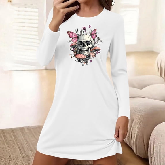 Puyaiuu Women Halloween Long Sleeve Dress soft stretch womens loose fit round neck pullover skull butterfly print multi color option casual sleepwear loungewear White M Gift