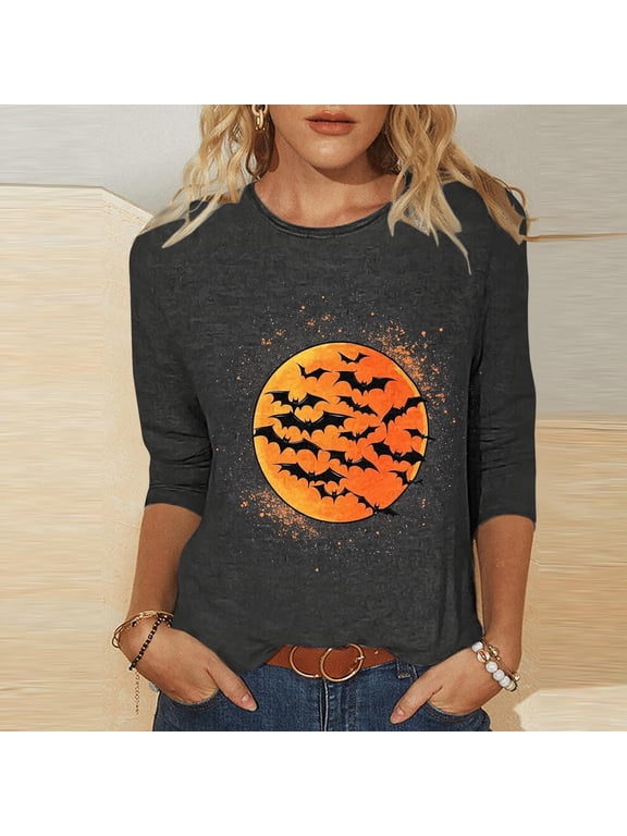 Women Halloween Top Loose Round Neck 3/4 Sleeve T Shirt Full Moon Bat Orange Splatter Print Daily Casual Tee Black S Gift