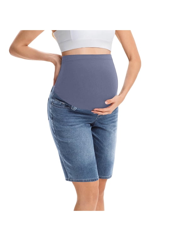 Women High Waist Full Coverage Maternity Stretch Denim Bermuda Shorts Side Pocket Cuffed Hem Light Blue L Gift