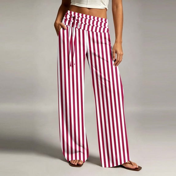 Puyaiuu Women High Waist Vertical Striped Wide Leg Palazzo Pants Elastic Drawstring Waist Casual Flow Trousers With Side Pockets Gift