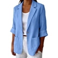 thumbnail image 1 of Puyaiuu Women Linen Blend One Button Roll Up Sleeve Blazer With Pockets Casual Office Lightweight Suit Jacket Blue M Gift, 1 of 7