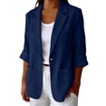 thumbnail image 1 of Puyaiuu Women Linen Blend One Button Roll Up Sleeve Blazer With Pockets Casual Office Lightweight Suit Jacket Navy L Gift, 1 of 7