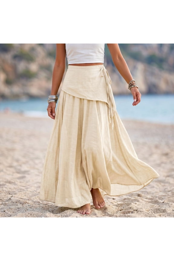Women Linen Blend Wrap Maxi Skirt Elastic Waist Self Tie Layered Flowy Loose Fit Beach Vacation Casual Long Skirt Beige L Gift