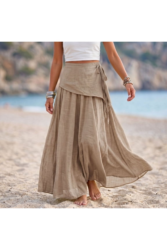 Women Linen Blend Wrap Maxi Skirt Elastic Waist Self Tie Layered Flowy Loose Fit Beach Vacation Casual Long Skirt Khaki XL Gift