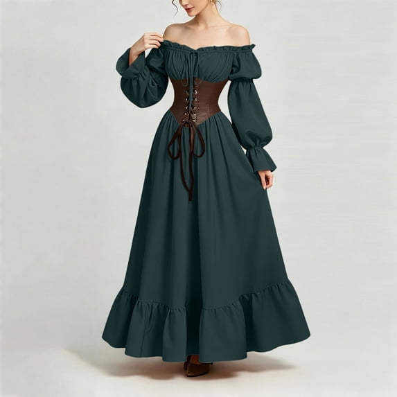 Puyaiuu Women Off Shoulder Puff Sleeve Gothic Corset Waist Ruffle Hem Halloween Long Maxi Dress Army Green L Gift