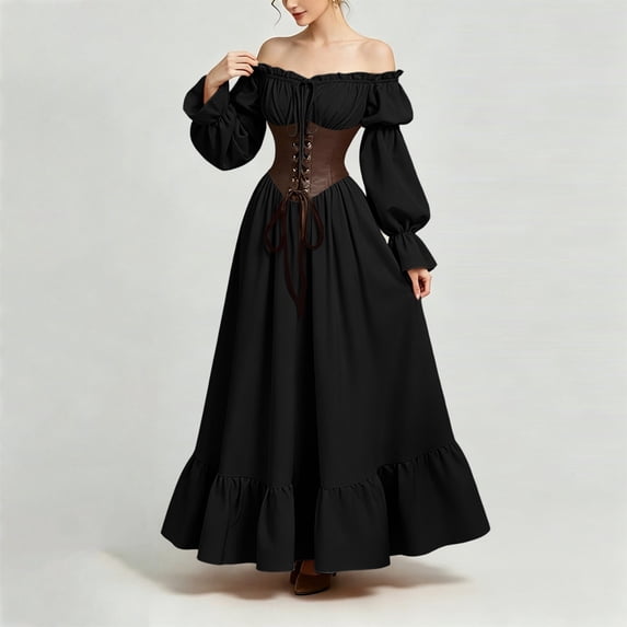 Puyaiuu Women Off Shoulder Puff Sleeve Gothic Corset Waist Ruffle Hem Halloween Long Maxi Dress Black M Gift