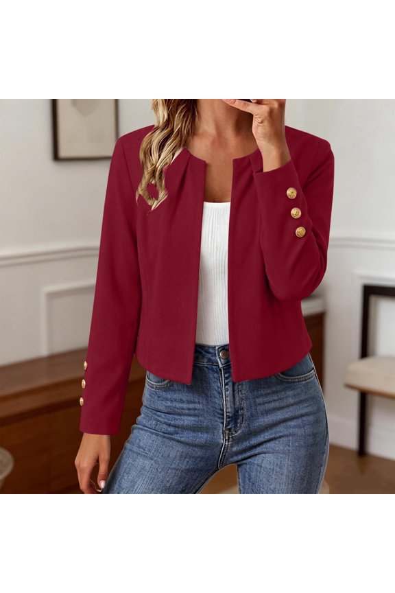Women Open Front Long Sleeve Gold Button Slim Fit Cropped Blazer Jacket Wine XL Gift