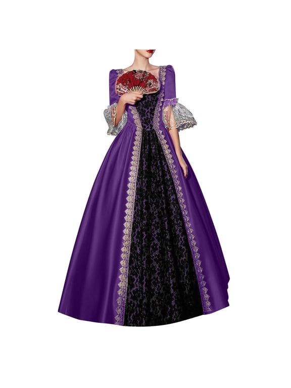 Women Puff Sleeve Lace Patchwork Gold Trim Victorian Rococo Ball Gown Renaissance Queen Masquerade Halloween Costume Long Dress Purple S Halloween Party