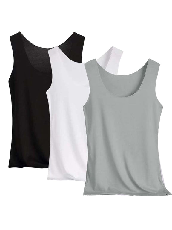 Women Scoop Neck Sleeveless Basic Tank Tops Soft Stretchy Solid Color Casual Undershirt Workout Camisole Vests Multiple Color Options 3pc Gift