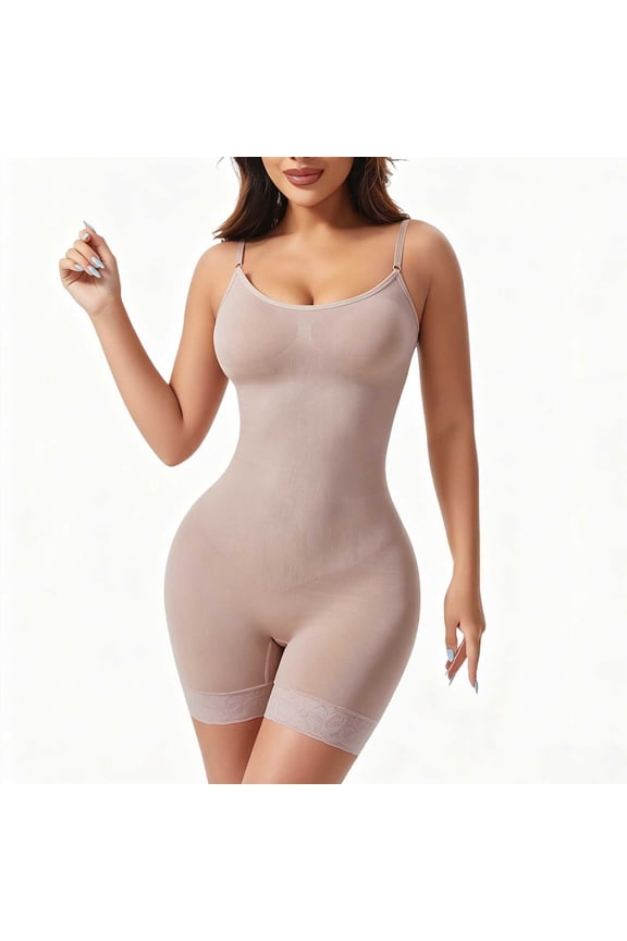 Women Scoop Neck Spaghetti Strap Seamless Shapewear Bodysuit Tummy Control Butt Lifter Beige M Gift