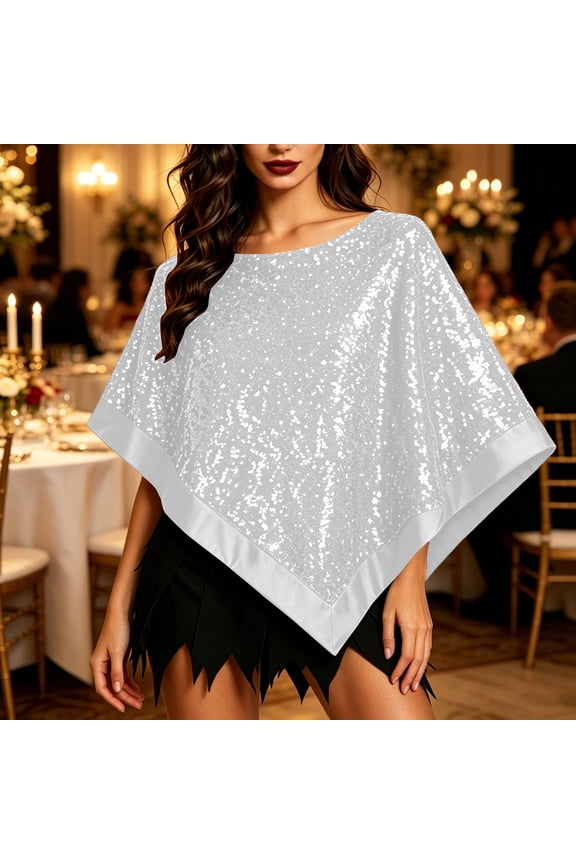 Women Sequin Irregular Poncho Shawl Satin Trim Sparkly Cape Evening Party Formal Dress Cover Up Silver Free Size Gift