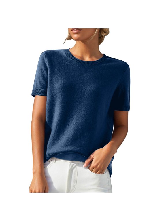 Women Short Sleeve Knit Sweater Womens Regular Fit Pullover Crew Neck Viscose Nylon Polyester Soft Solid Knit Summer Casual Shirt Dark Blue XL Gift