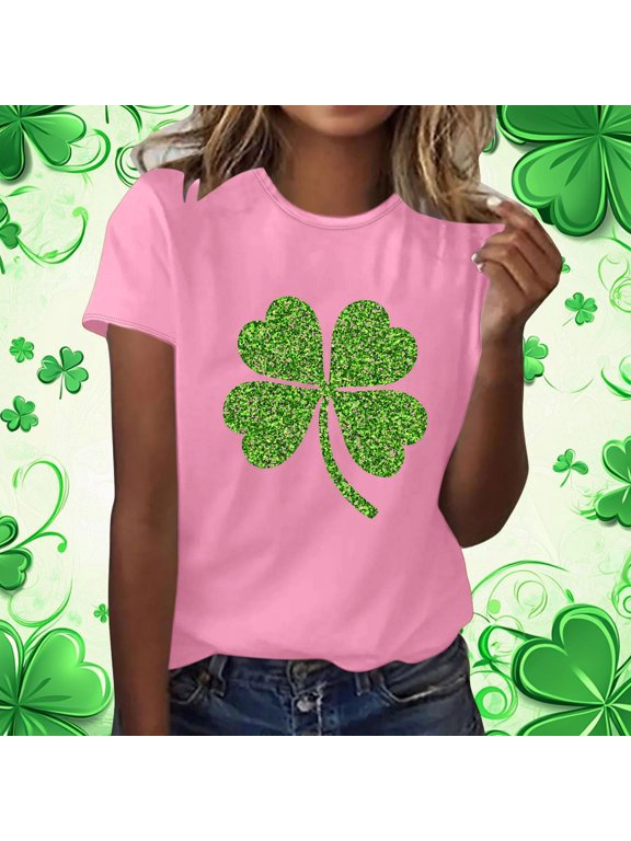 Women Short Sleeve T Shirt Crew Neck Glitter Four Leaf Clover St Patricks Day Graphic Casual Daily Tops Pink XL Gift