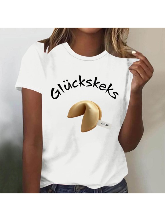 Women Short Sleeve T Shirt Crew Neck Glueckskehs Fortune Cookie Graphic Casual Daily Tops White M Gift