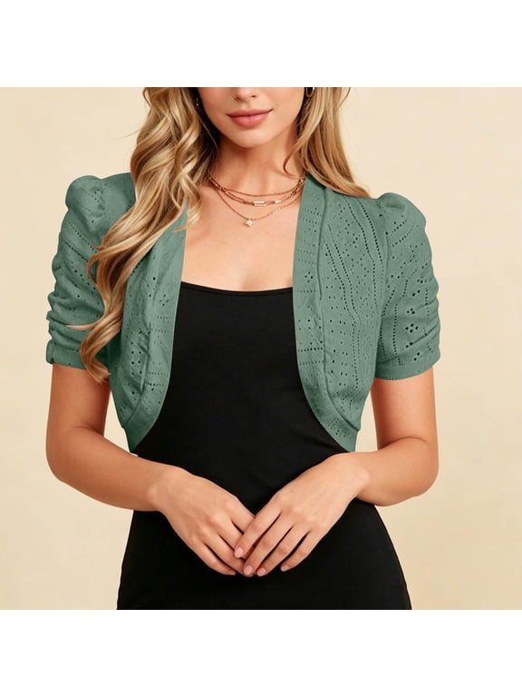 Women Solid Eyelet Puff Short Sleeve Cropped Bolero Shrug Cardigan Layering Top Army Green XL Gift