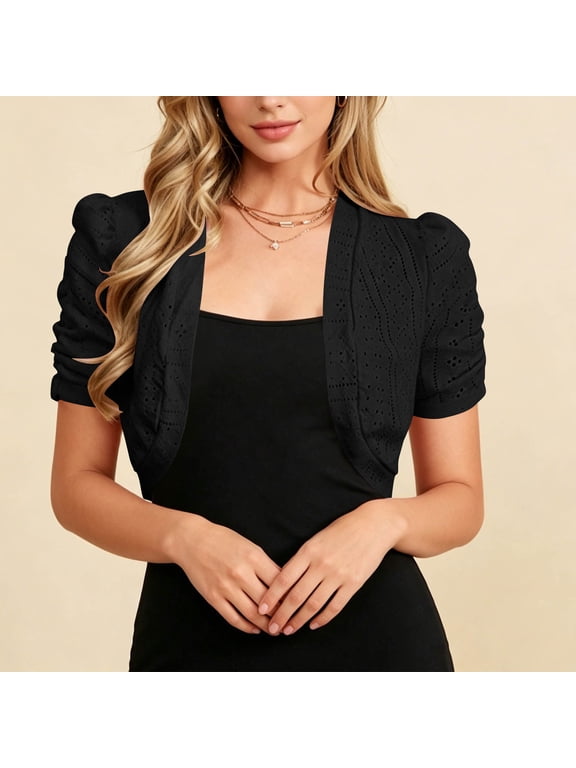 Women Solid Eyelet Puff Short Sleeve Cropped Bolero Shrug Cardigan Layering Top Black XXL Gift