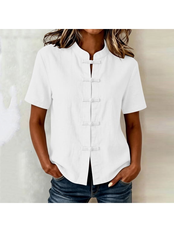 Women Solid Mandarin Collar Chinese Frog Knot Button Short Sleeve Loose Fit Cotton Linen Casual Summer Blouse Tops Gift