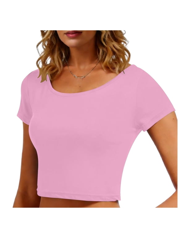 Women Solid Scoop Neck Slim Fit Short Sleeve Stretchy Basic Cropped Tee Top Multiple Solid Color Options Casual Going Out Summer Shirt Gift