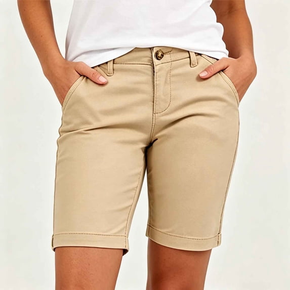 Puyaiuu Women Solid Stretch Twill Bermuda Shorts Mid Rise Button Zip Dual Pocket Walking Hiking Casual Bottom Khaki M Gift