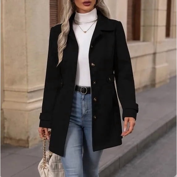 Puyaiuu Women Solid Turn Down Lapel Collar Mid‑Length Single Faced ...